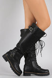  Buckled Combat Lace Up Lug Sole Knee High Vegan Leather Boots