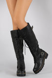  Buckled Combat Lace Up Lug Sole Knee High Vegan Leather Boots