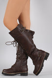  Brown Buckled Combat Lace Up Lug Sole Knee High Vegan Leather Boots