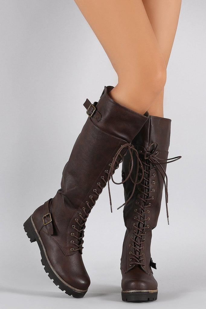 Brown Buckled Combat Lace Up Lug Sole Knee High Vegan Leather