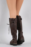  Brown Buckled Combat Lace Up Lug Sole Knee High Vegan Leather Boots