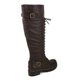  Brown Buckled Combat Lace Up Lug Sole Knee High Vegan Leather Boots