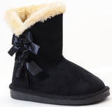  Bows Shearling Vegan Fur Suede Girls Black Boots KIDS