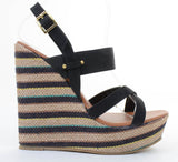 Criss-cross Striped Platform Sandal Wedge Heels Black