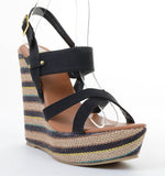 Criss-cross Striped Platform Sandal Wedge Heels Black