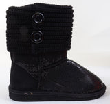 Sequin Crochet Slouchy Knit Sweater Button Flat Boot Black