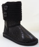 Sequin Crochet Slouchy Knit Sweater Button Flat Boot Black