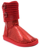 Sequin Crochet Slouchy Knit Sweater Button Flat Boot Red