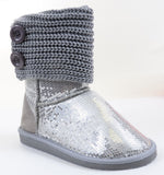 Sequin Crochet Slouchy Knit Sweater Button Flat Boot Silver