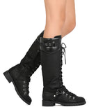 Harness Moto Vegan Leatherette Knee High Lace Up Harness Moto Women's Boot