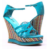 Blue FAUX LEATHER STRAPPY COLOR WOVEN PLATFORM WEDGE HEEL