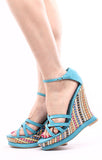 Blue FAUX LEATHER STRAPPY COLOR WOVEN PLATFORM WEDGE HEEL