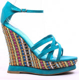 Blue FAUX LEATHER STRAPPY COLOR WOVEN PLATFORM WEDGE HEEL