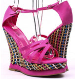 FUCHSIA FAUX LEATHER STRAPPY COLOR WOVEN PLATFORM WEDGE HEEL