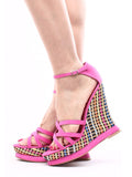 FUCHSIA FAUX LEATHER STRAPPY COLOR WOVEN PLATFORM WEDGE HEEL