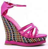 FUCHSIA FAUX LEATHER STRAPPY COLOR WOVEN PLATFORM WEDGE HEEL