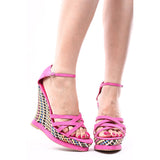 FUCHSIA FAUX LEATHER STRAPPY COLOR WOVEN PLATFORM WEDGE HEEL