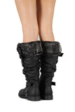 Furry Cuff Vegan Leather Knee High Slouch Rider Boots