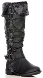 Furry Cuff Vegan Leather Knee High Slouch Rider Boots