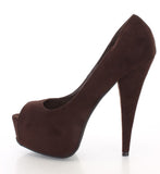 Brown Faux Suede Peep Toe Pump Heels