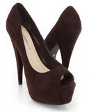 Brown Faux Suede Peep Toe Pump Heels