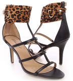 Leopard Caged Open Toe Strappy Sandal Heels