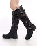 Black Faux Leather Double Zipper Wrap Around Strappy Boots